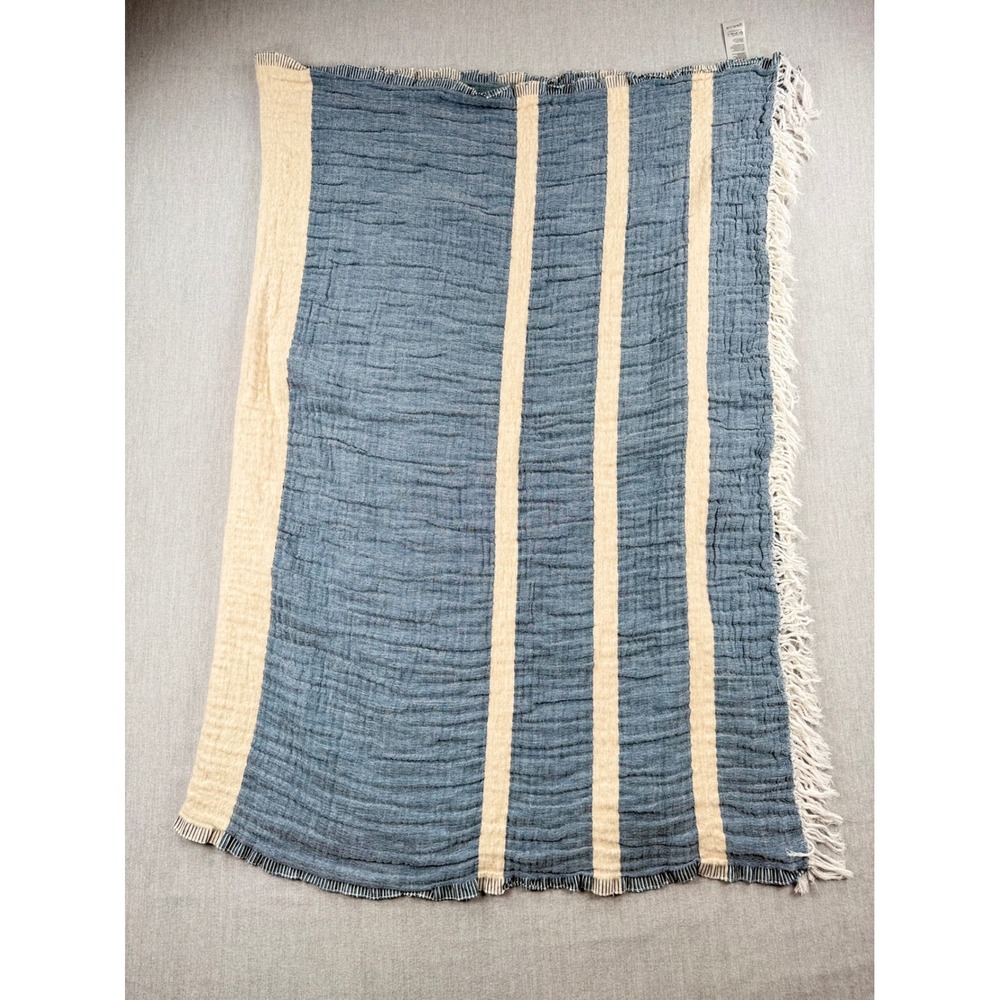 Anthropologie Blue Cream Striped Cotton Linen Wool Textured Gauze Throw Blanket